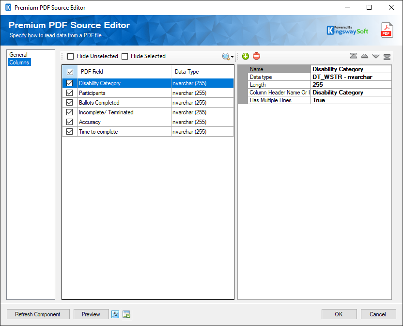 SSIS Premium PDF Source - Coulmns Page